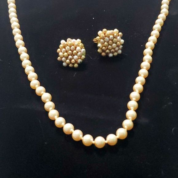 Monet Jewelry - Vintage Faux Pearl Choker Monet Signed Pearl Clip On Earrings Set